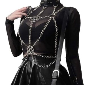 gothic body chain star choker tops spike rivet necklace punk silver leather ring rave black leather bra caged harness bra chains