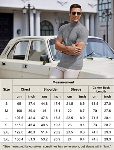 COOFANDY Mens Grey Mock Turtleneck Tops Short Sleeve Knitted T-Shirts Basic Thermal Pullover Sweater X-Large