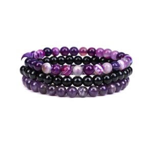 3Pcs 8mm Semi-Precious Gemstones Beaded Bracelets for Women Men Healing Crystal Stone Bracelet Stress Relief Stretch Round Beaded Elastic Luck Bracelets Unisex Friendship Jewelry Gifts-purple