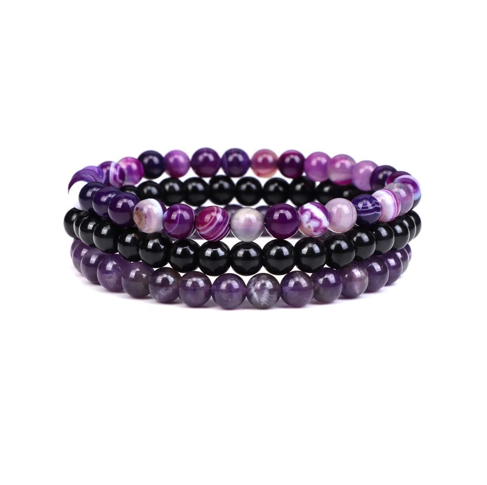 3Pcs 8mm Semi-Precious Gemstones Beaded Bracelets for Women Men Healing Crystal Stone Bracelet Stress Relief Stretch Round Beaded Elastic Luck Bracelets Unisex Friendship Jewelry Gifts-purple