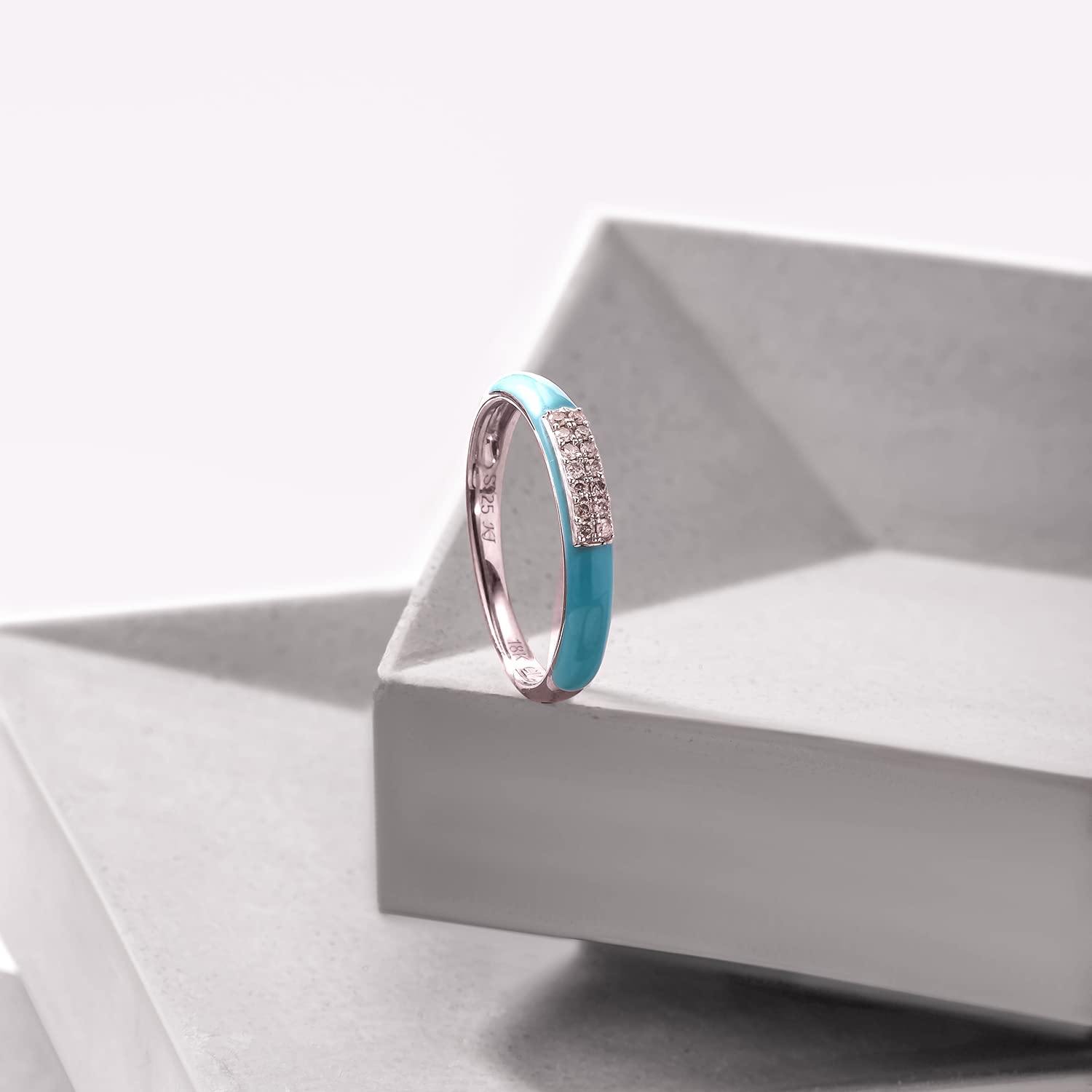 Cali Trove 1/10cttw Diamond and Enamel Stackable Fashion Ring for Women in 925 Sterling Silver, Women's Turquoise Colored Enamel Stacking Ring with Diamond Accent in Silver,5