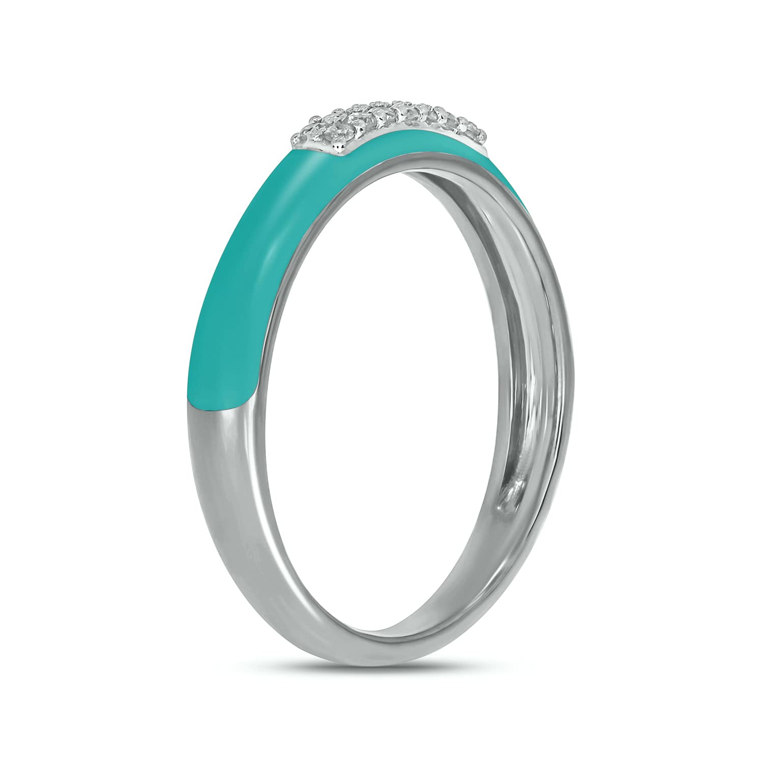 Cali Trove 1/10cttw Diamond and Enamel Stackable Fashion Ring for Women in 925 Sterling Silver, Women's Turquoise Colored Enamel Stacking Ring with Diamond Accent in Silver,5