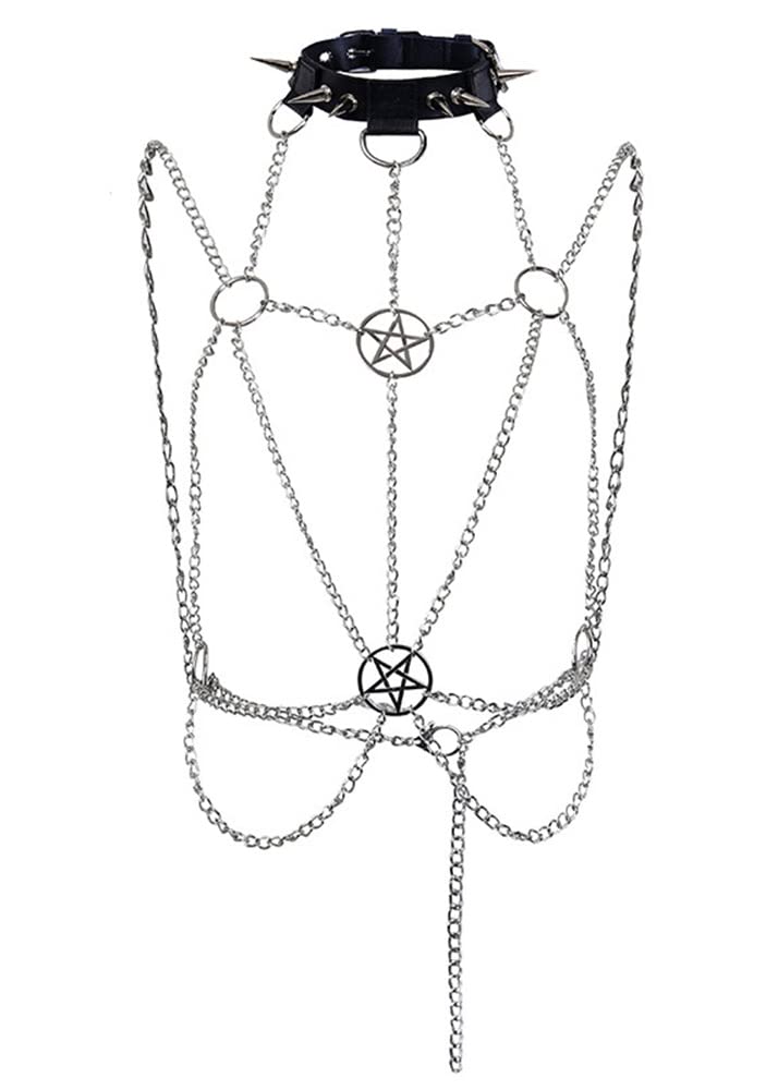 Gothic Body Chain Star Choker Tops Spike Rivet Necklace Punk Silver Leather Ring Rave Black Leather Bra Caged Harness Bra Chains