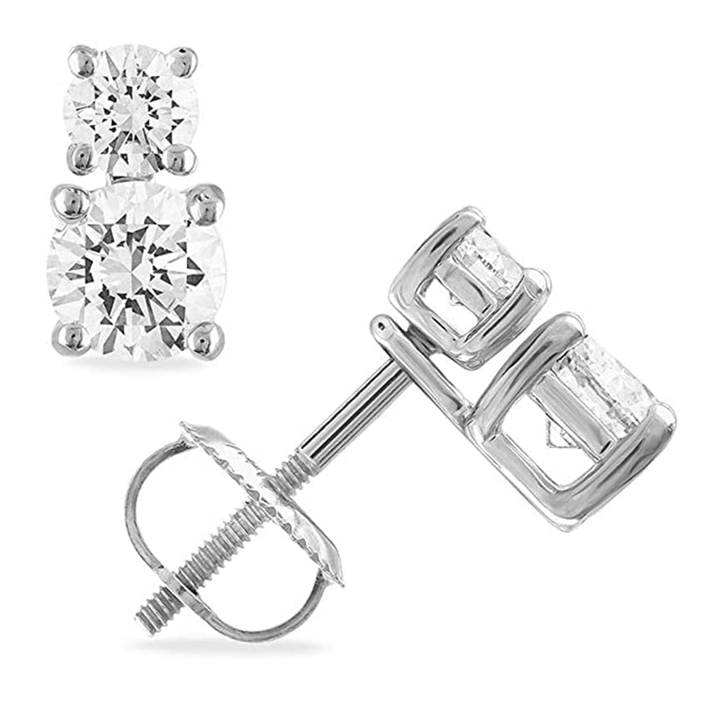 Auriga Fine Jewelry 1 Carat Lab Grown Diamond Stud Earrings | 14k White Gold Two Stone screw back Stud Earrings for Women | D-E Color and VS - SI Clarity |