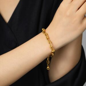 KeyStyle Gold Paperclip Chain Bracelet for Women, 18k Gold U Shaped Link Bracelets for Wife Fiancee, 21cm