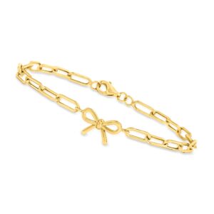 canaria 10kt yellow gold bow charm paper clip link bracelet. 7 inches