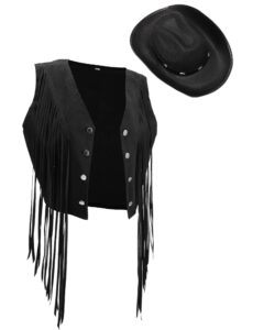 yaomiao 70s hippie womens fringe vest western felt cowgirl hat cowgirl costume rivets sleeveless faux suede tassels jacket (black,l)