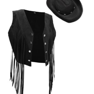 Yaomiao 70s Hippie Womens Fringe Vest Western Felt Cowgirl Hat Cowgirl Costume Rivets Sleeveless Faux Suede Tassels Jacket (Black,L)