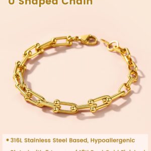 KeyStyle Gold Paperclip Chain Bracelet for Women, 18k Gold U Shaped Link Bracelets for Wife Fiancee, 21cm