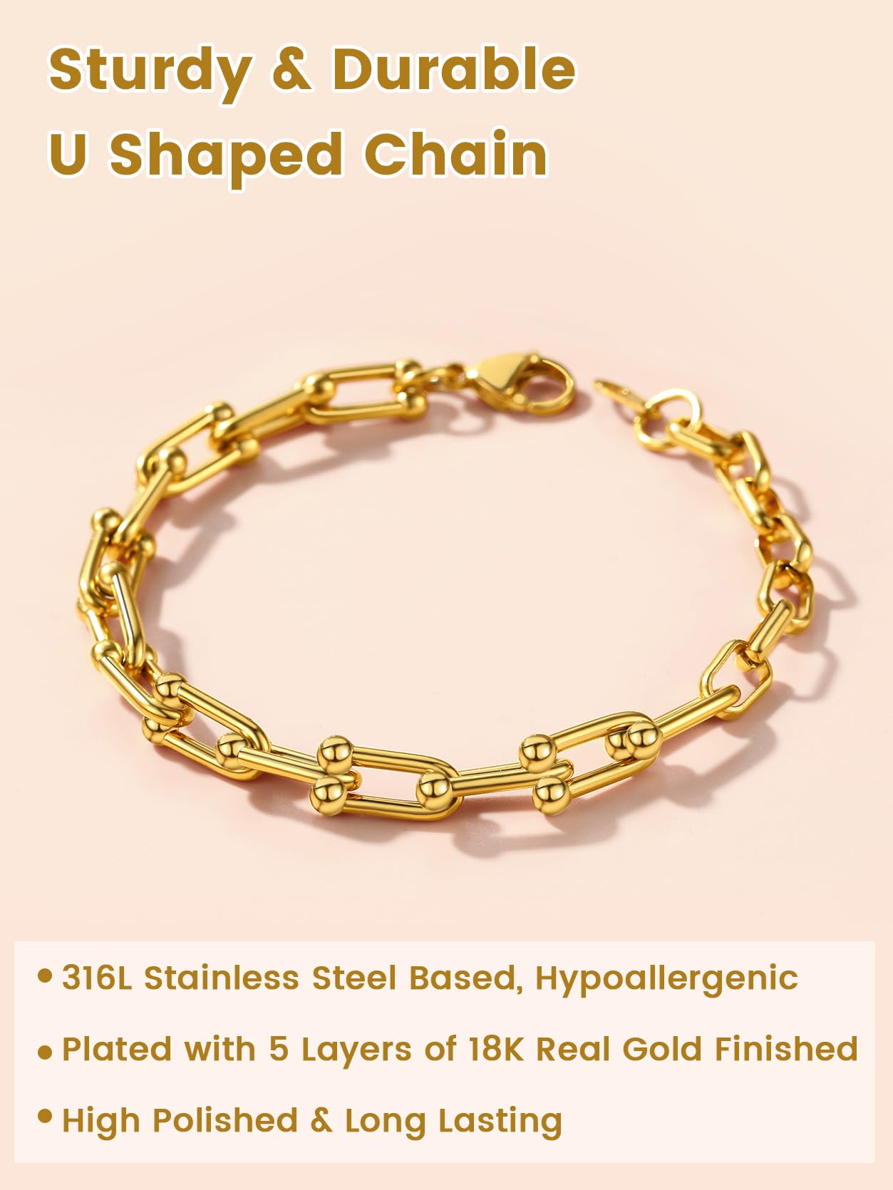 KeyStyle Gold Paperclip Chain Bracelet for Women, 18k Gold U Shaped Link Bracelets for Wife Fiancee, 21cm