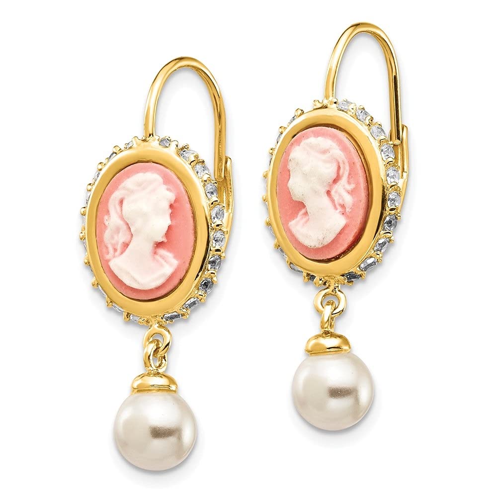 Auriga Fine Jewelry 925 Sterling Silver Gold-plated Simulated Pearl Cameo Dangle Earrings with Leverback for Women (L- 1.11 Inch, W- 0.44 Inch)