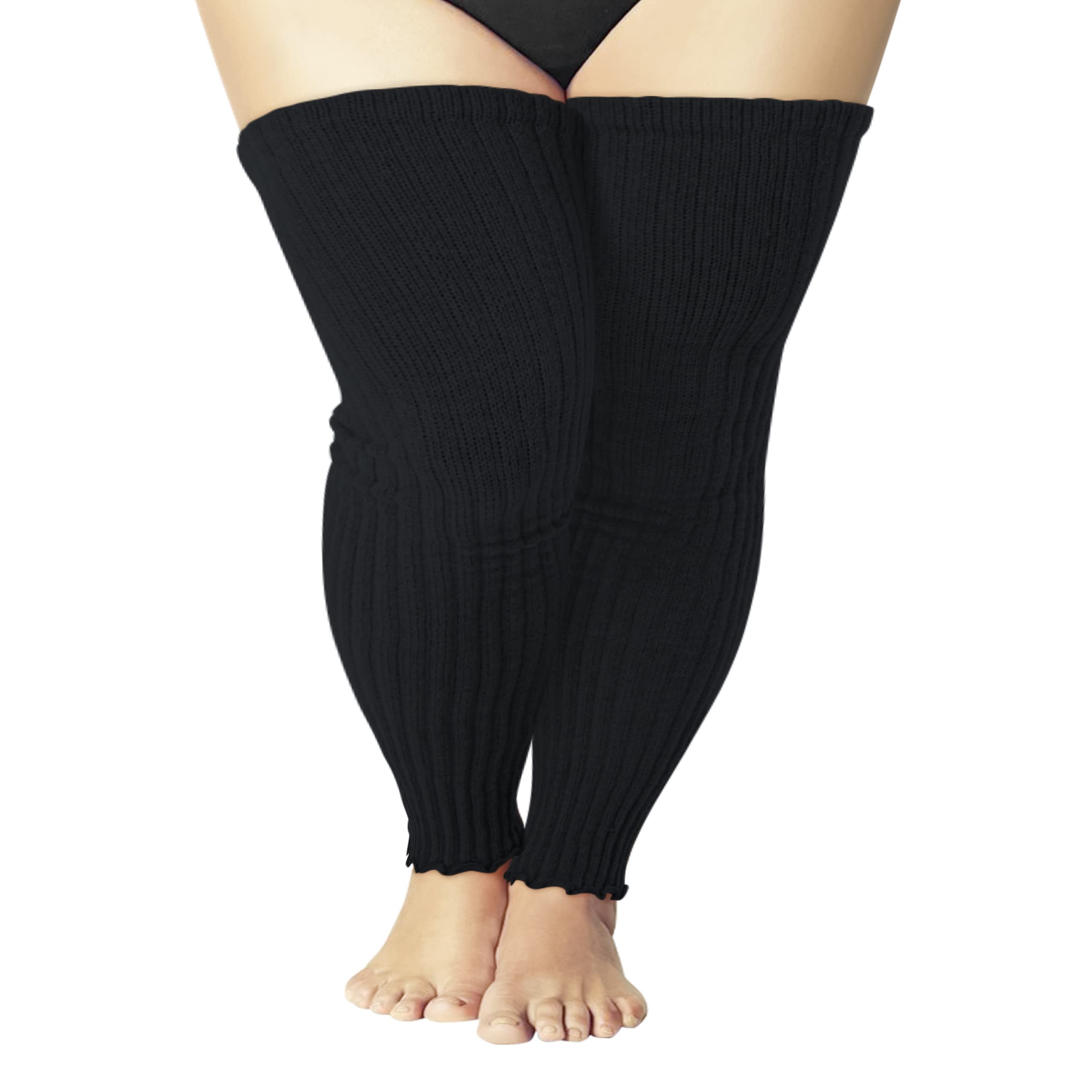 COZYOFFI Women's Plus Size Leg Warmers Knit Over Knee High Footless Socks for Thick Thighs(C02-Black)