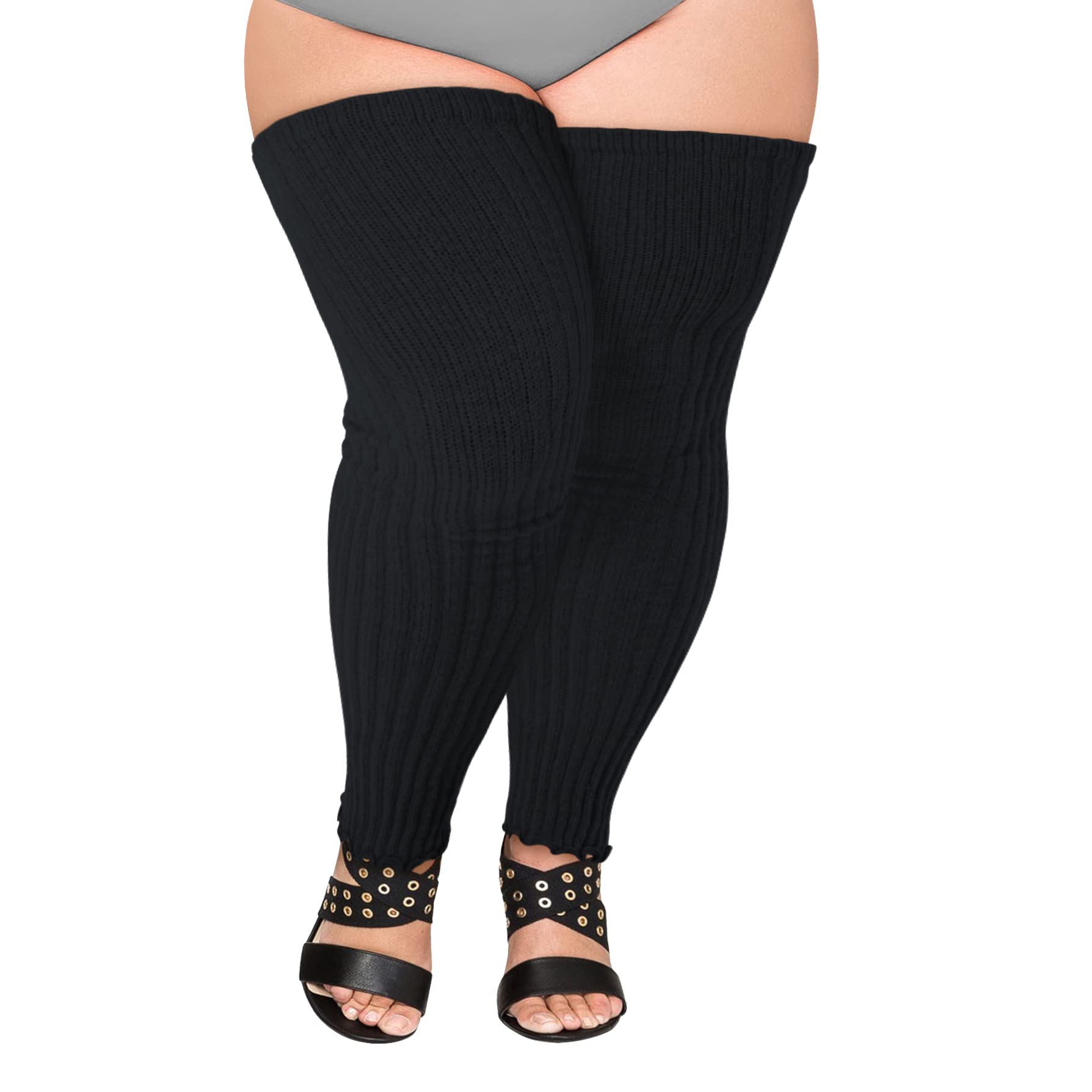 COZYOFFI Women's Plus Size Leg Warmers Knit Over Knee High Footless Socks for Thick Thighs(C02-Black)