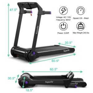 SPORFIT 3.0HP Motorized Folding Treadmill, Portable Treadmills with HD Digital Display, Blue Tooth Speaker & APP Control, Small Running Machine for Home Office, Installation-Free, Purple