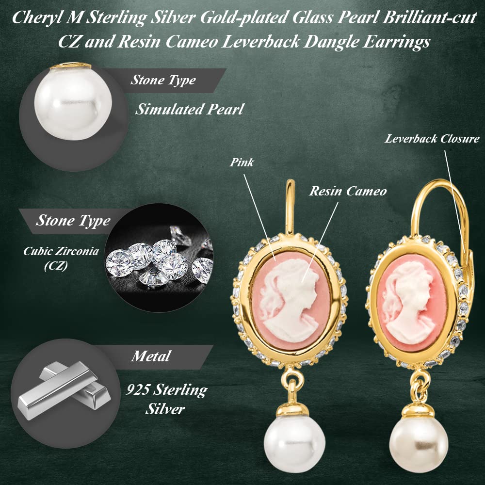 Auriga Fine Jewelry 925 Sterling Silver Gold-plated Simulated Pearl Cameo Dangle Earrings with Leverback for Women (L- 1.11 Inch, W- 0.44 Inch)