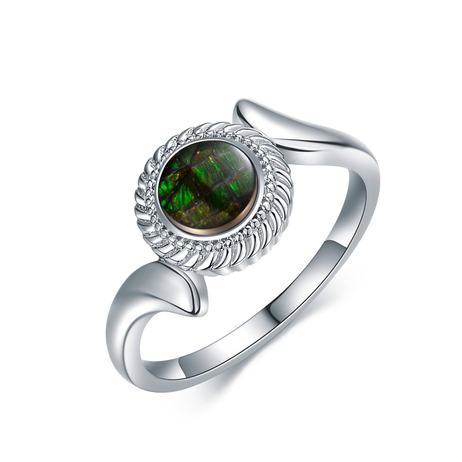 BETHZA Ammonite jewelry Ammolite Ring 925 Sterling Silver Ruond Natural Gemstone Rings for Women, Jewellery