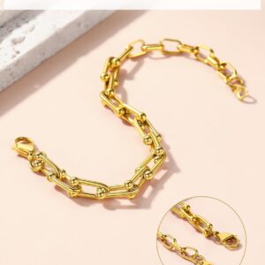 KeyStyle Gold Paperclip Chain Bracelet for Women, 18k Gold U Shaped Link Bracelets for Wife Fiancee, 21cm