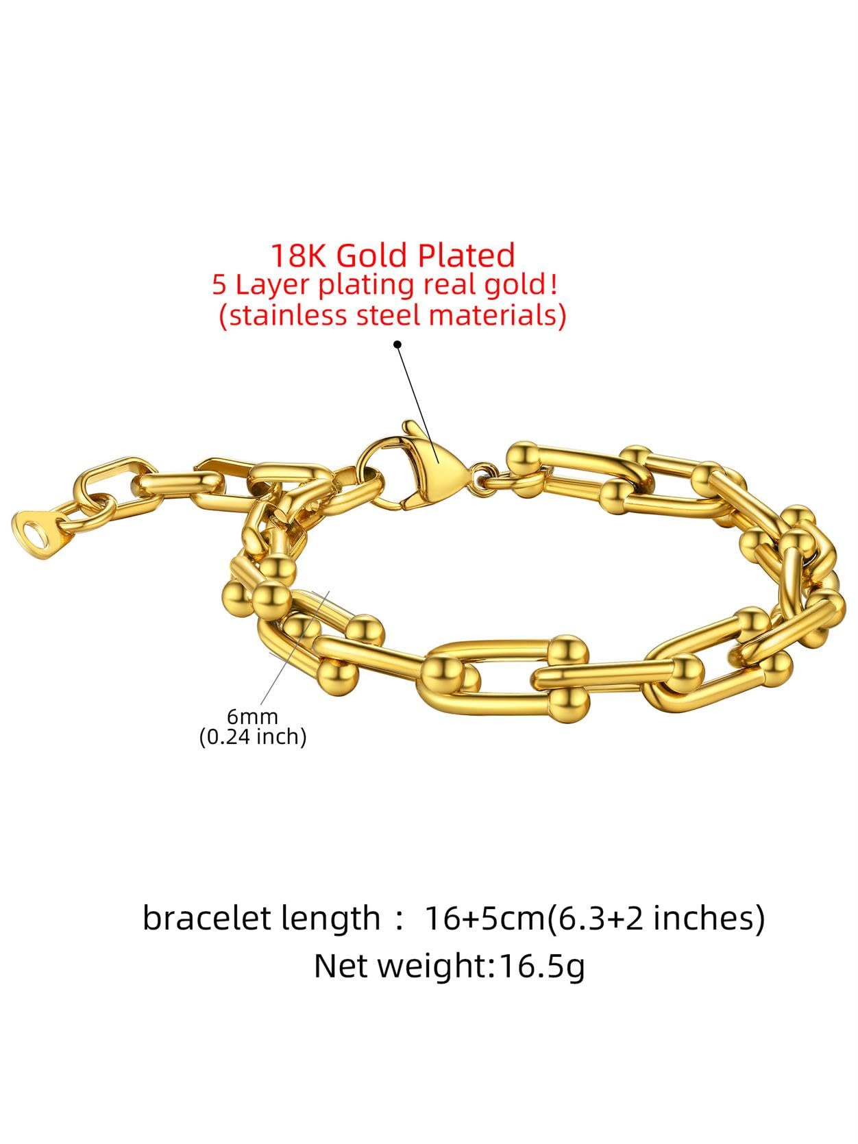 KeyStyle Gold Paperclip Chain Bracelet for Women, 18k Gold U Shaped Link Bracelets for Wife Fiancee, 21cm