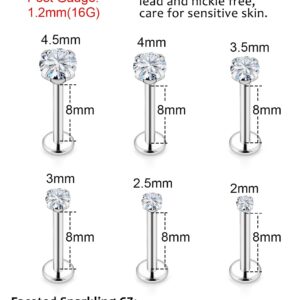 Xwnskvvz 16G Internally Threaded Medusa Piercing Jewelry Labret Studs Monroe Lip Ring Stainless Steel Tragus Piercing Jewelry 2-4.5MM Cubic Zirconia Forward Helix Earrings Cartilage Conch Earring