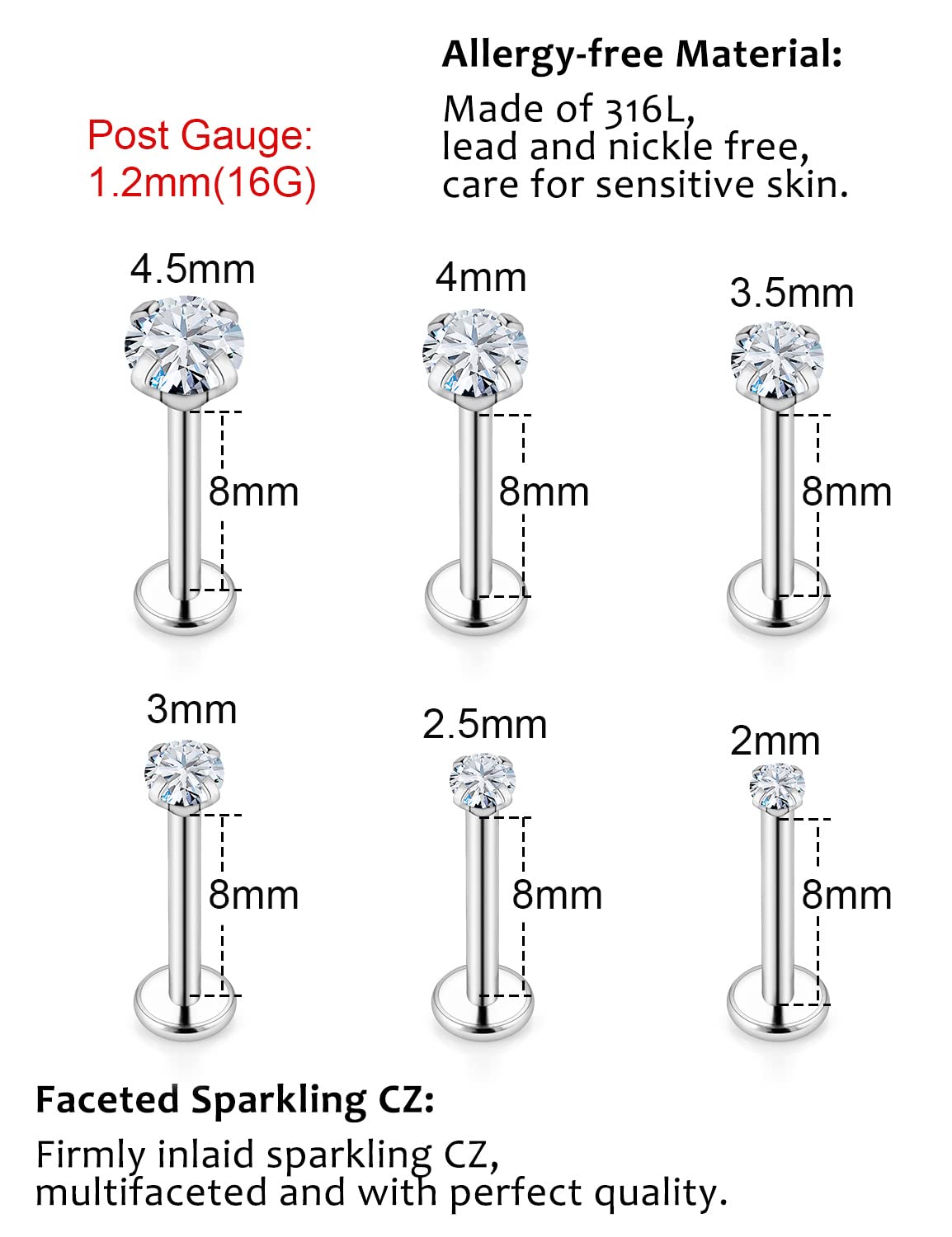 Xwnskvvz 16G Internally Threaded Medusa Piercing Jewelry Labret Studs Monroe Lip Ring Stainless Steel Tragus Piercing Jewelry 2-4.5MM Cubic Zirconia Forward Helix Earrings Cartilage Conch Earring