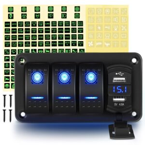 GOOACC 3 Gang Rocker Switch Panel Blue Backlit with 4.8 Amp Dual USB Charger Voltmeter Waterproof 12V 24V DC Rocker Switch with Night Glow Stickers for Car Trucks Boats RVs,2 Years Warranty