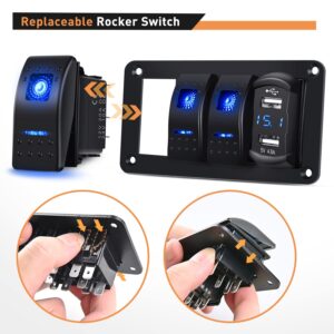 GOOACC 3 Gang Rocker Switch Panel Blue Backlit with 4.8 Amp Dual USB Charger Voltmeter Waterproof 12V 24V DC Rocker Switch with Night Glow Stickers for Car Trucks Boats RVs,2 Years Warranty