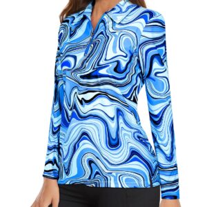 Long Sleeve Golf Shirts for Women UPF50+ Sun Protection Loose Fitting Workout Tops 1/4 Zip Up Fast Dry Lightweight Moisture Wicking Tennis Yoga Athletic Shirt Marble Printed Blue Wave, XX-Large