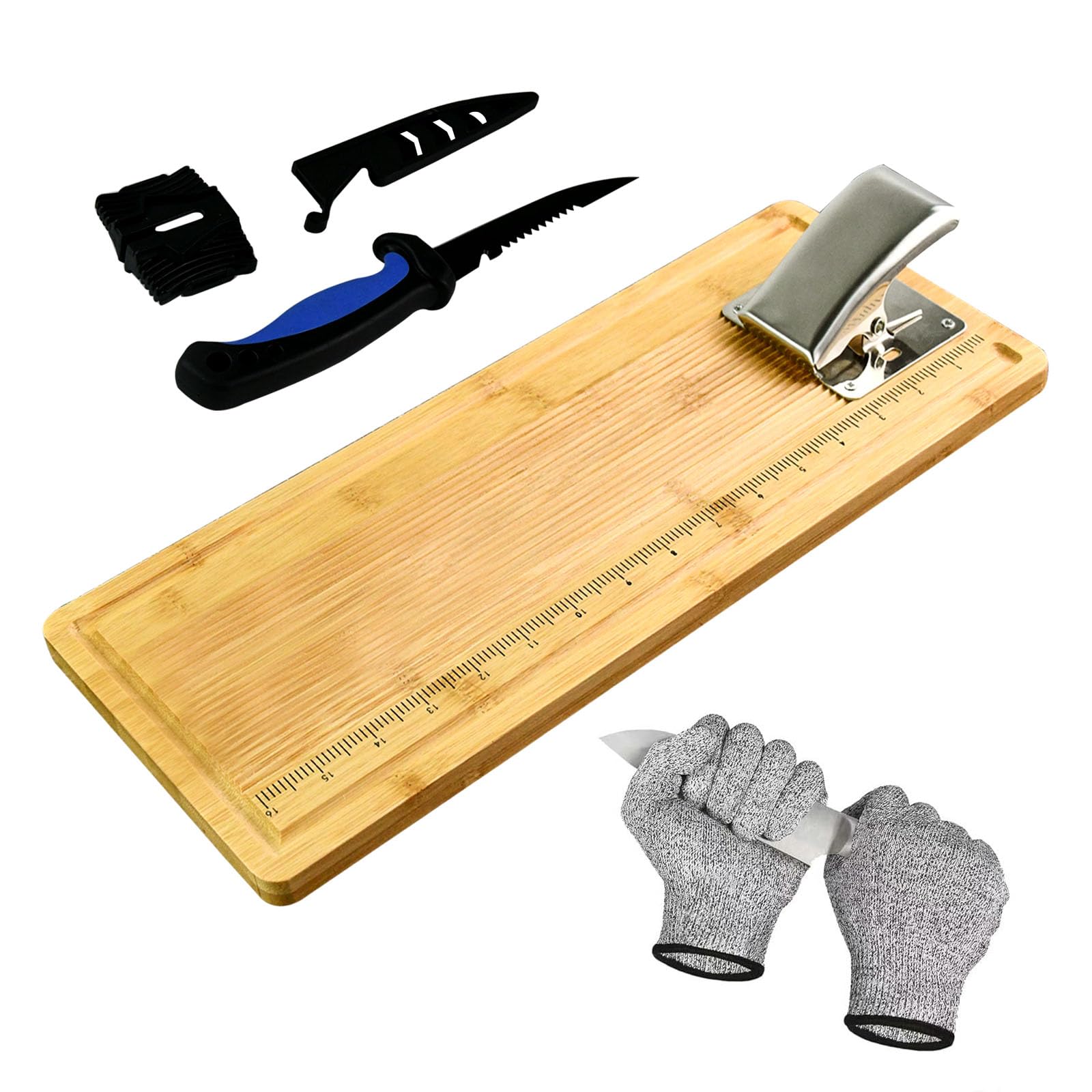 MAVOTER 18" Bamboo Fish Cutting Board - Fish Cleaning Board, Fish Measure Board - Anti slip, Including Fish Fillet Knife, Clamp, Sharpener,Gloves