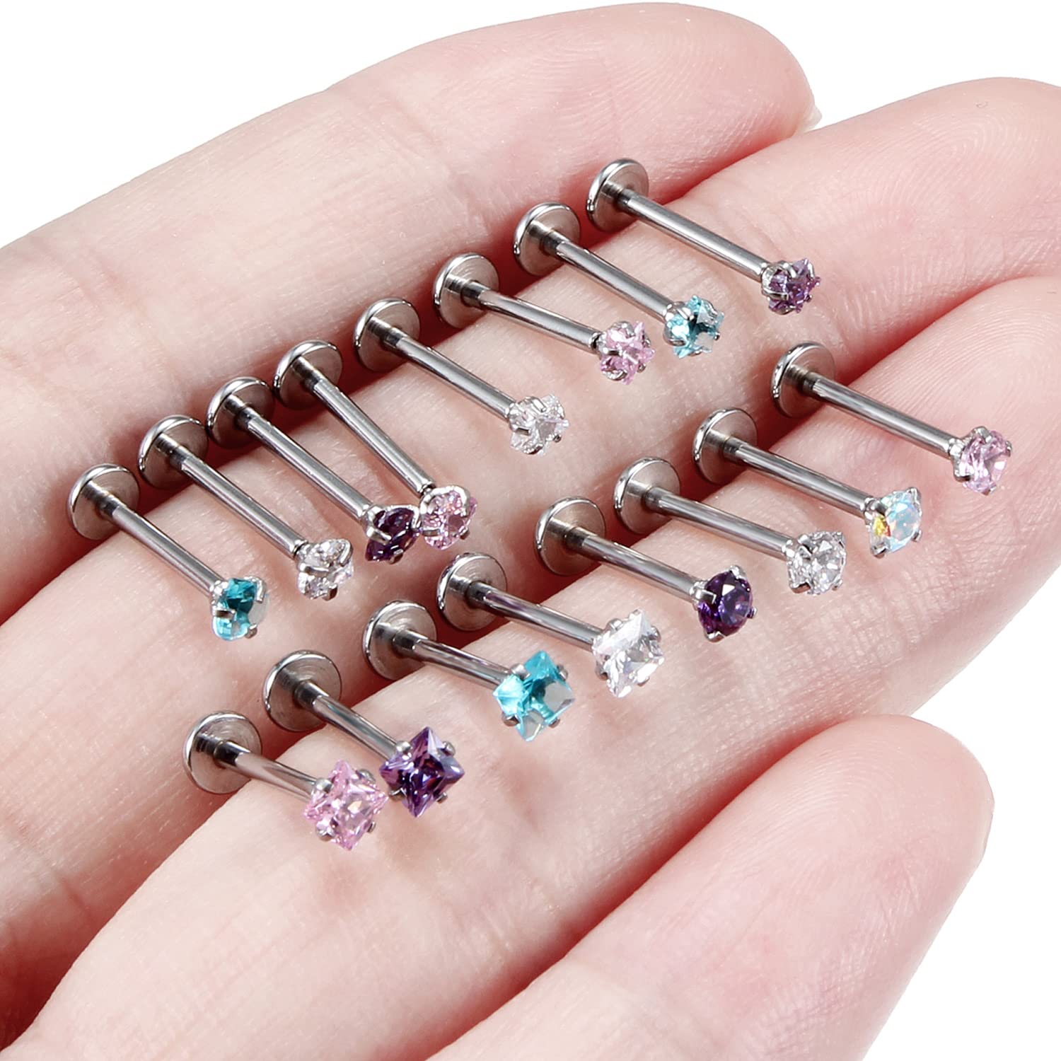 Xwnskvvz 16G Threadless Tragus Earrings Surgical Steel Medusa Piercing Jewelry Star/Square/Round/Heart Shaped Crystal Labret Studs Lip Ring Helix Conch Cartilage Earrings for Women Men 10mm