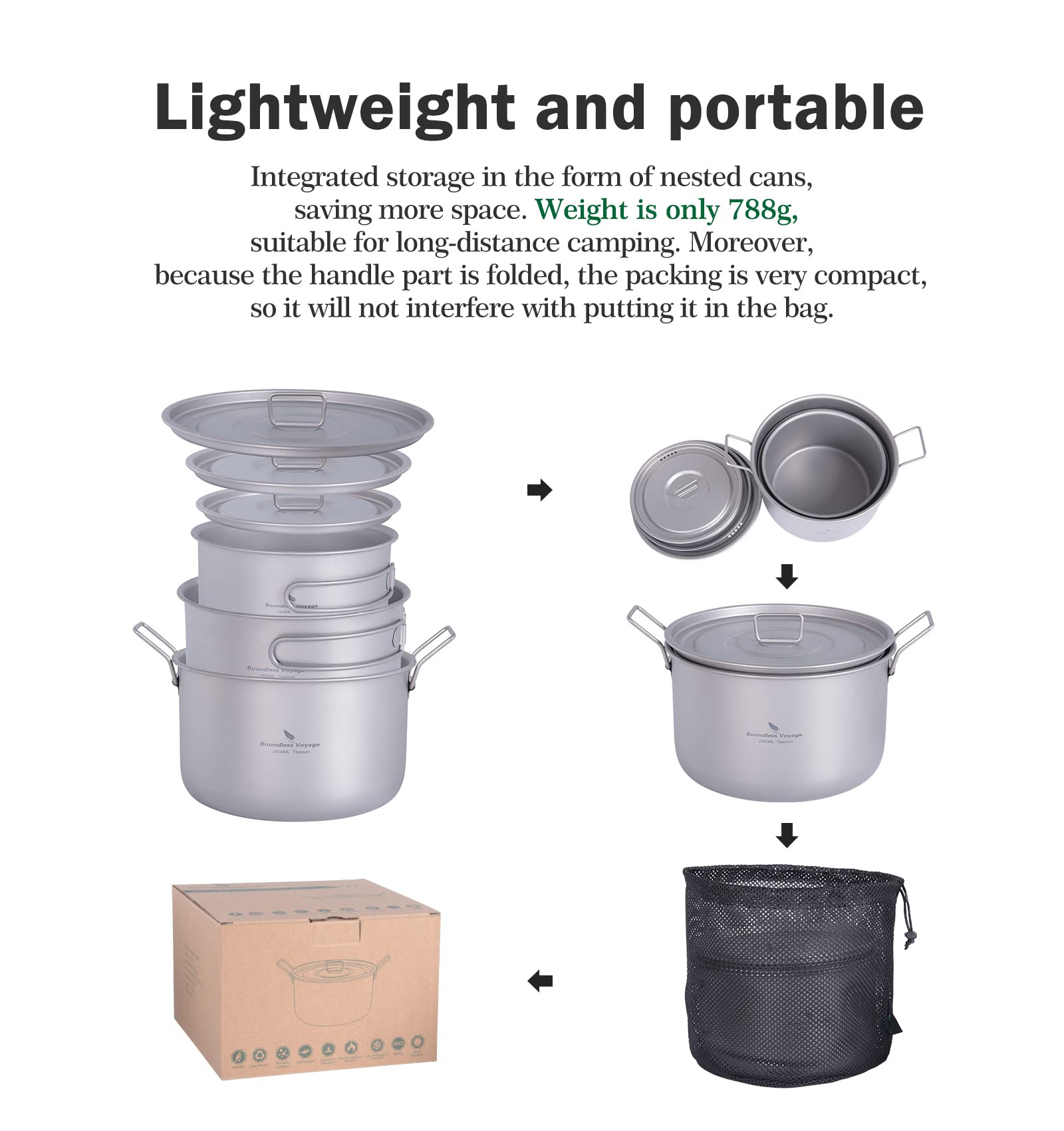 Boundless Voyage Titanium Pot Portable Camping Cookware Lightweight Cooking Pot Set for Outdoor Cooking Traveling Backpacking Hiking Trekking Picnic (3 Pcs Set)