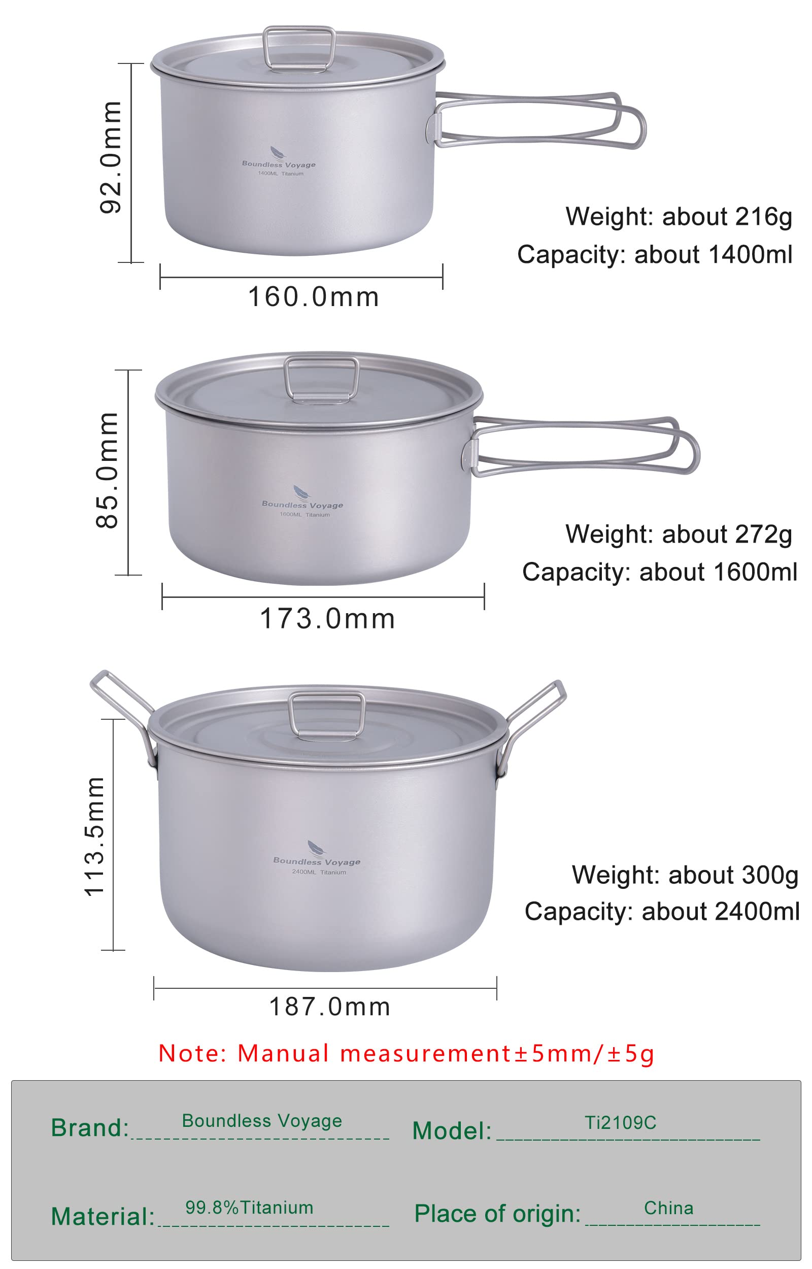 Boundless Voyage Titanium Pot Portable Camping Cookware Lightweight Cooking Pot Set for Outdoor Cooking Traveling Backpacking Hiking Trekking Picnic (3 Pcs Set)