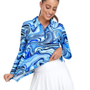 Long Sleeve Golf Shirts for Women UPF50+ Sun Protection Loose Fitting Workout Tops 1/4 Zip Up Fast Dry Lightweight Moisture Wicking Tennis Yoga Athletic Shirt Marble Printed Blue Wave, XX-Large