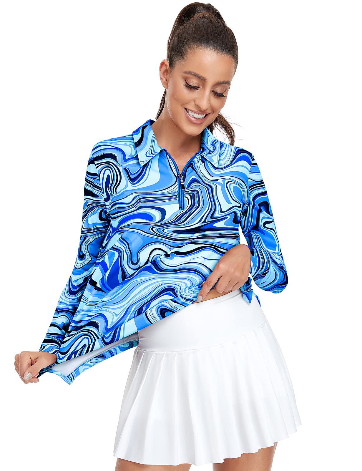 Long Sleeve Golf Shirts for Women UPF50+ Sun Protection Loose Fitting Workout Tops 1/4 Zip Up Fast Dry Lightweight Moisture Wicking Tennis Yoga Athletic Shirt Marble Printed Blue Wave, XX-Large