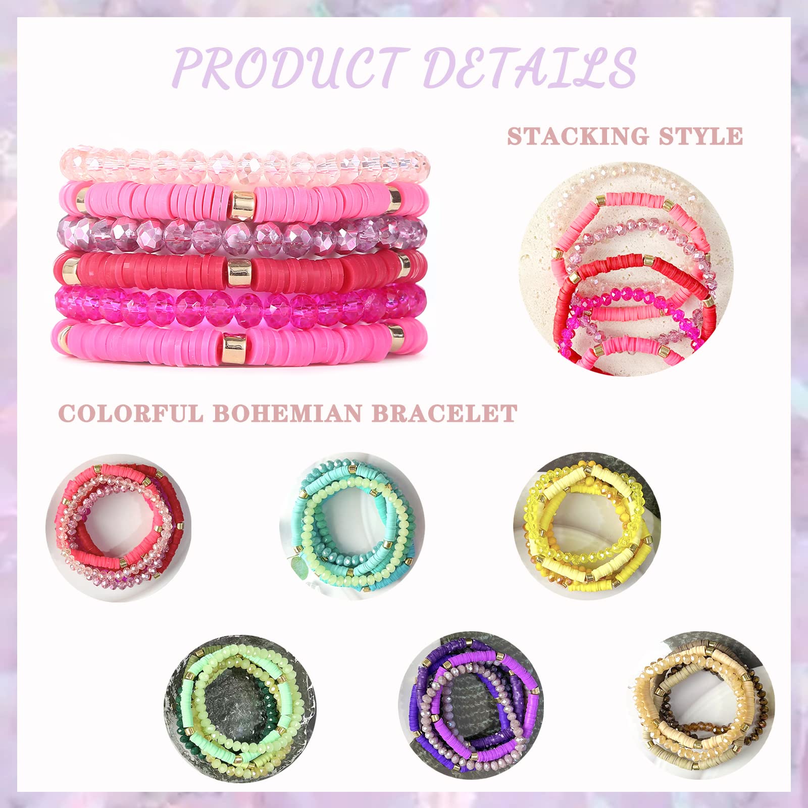 JEWPARK 36Pcs Bohemian Multi-Layer Beaded Stacking Statement Bracelets Versatile Strand Stretch Sparkly Crystal Beads & Heishi Wrap Slip-on Cuff Bangle Set for Women