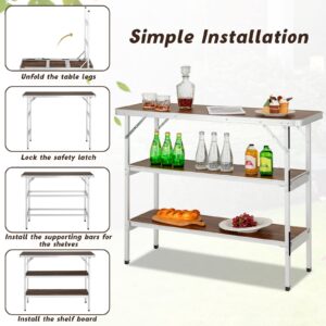 Giantex Folding Camping Table, Aluminum Portable Bar Table 43.5''L x 34.5''H, 2-Tier Open Storage Shelves, Removable Oxford Cloth, Carrying Bag, Foldable Picnic Table for BBQ Outdoor Party (Coffee)