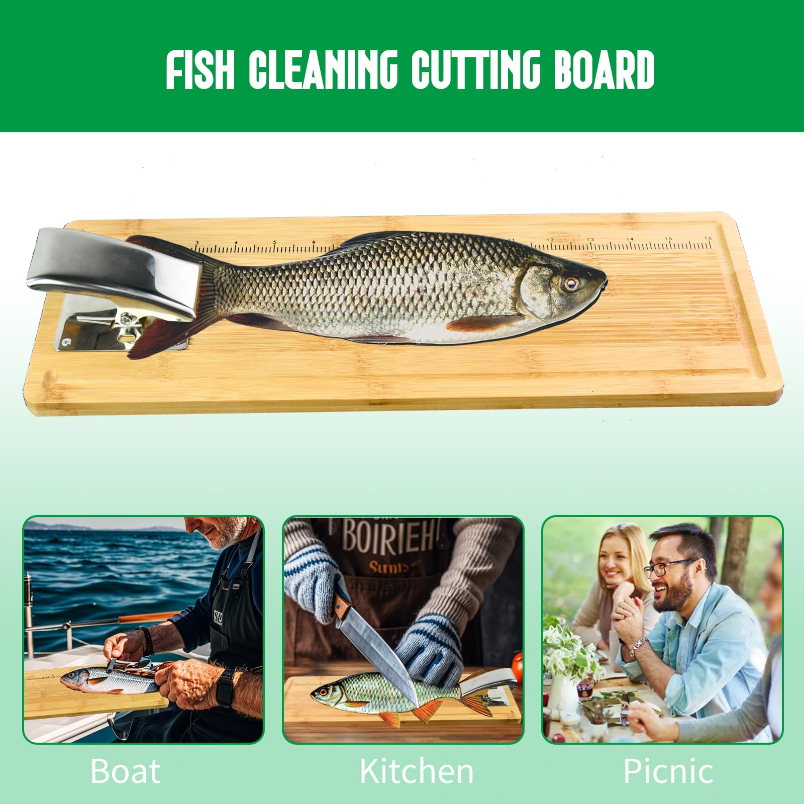 MAVOTER 18" Bamboo Fish Cutting Board - Fish Cleaning Board, Fish Measure Board - Anti slip, Including Fish Fillet Knife, Clamp, Sharpener,Gloves