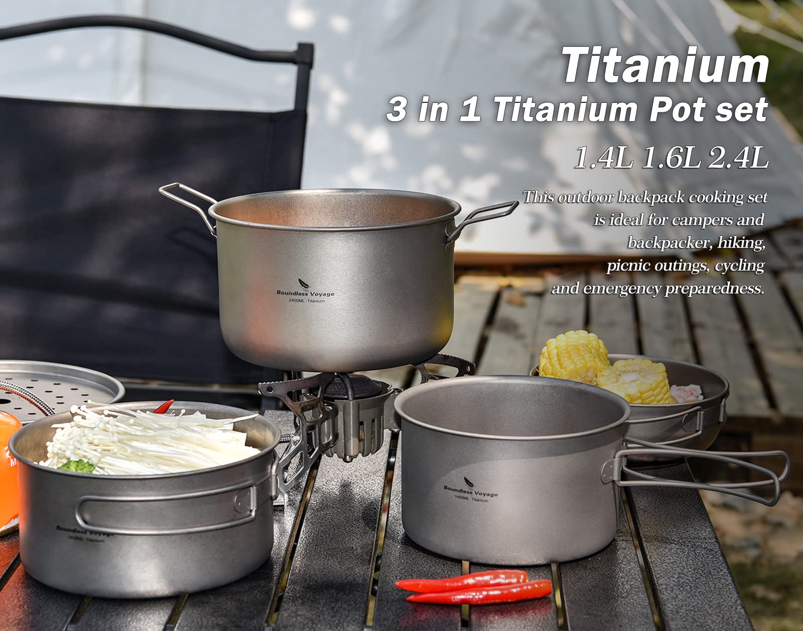 Boundless Voyage Titanium Pot Portable Camping Cookware Lightweight Cooking Pot Set for Outdoor Cooking Traveling Backpacking Hiking Trekking Picnic (3 Pcs Set)