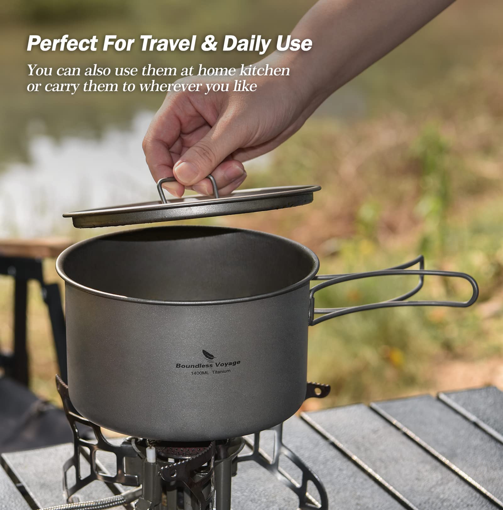 Boundless Voyage Titanium Pot Portable Camping Cookware Lightweight Cooking Pot Set for Outdoor Cooking Traveling Backpacking Hiking Trekking Picnic (3 Pcs Set)