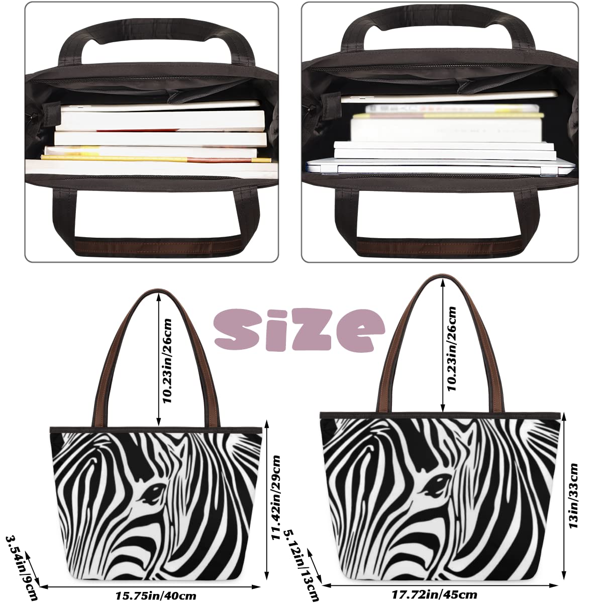 Zebra Animal Print Large Totes Top Handle Purse Women Shoulder Bag, Zebra Pattern Tote Bag with Zipper Handbag for Travel School Girls