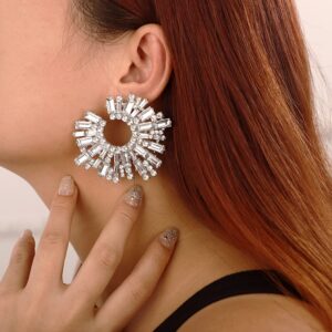 Wiwpar Fashion Crystal Big Statement Off-White Earrings for Women Sparkly Round Shape Earrings Bohemian Pave Rhinestone Earrings Jewelry for Women Brides(off-white)