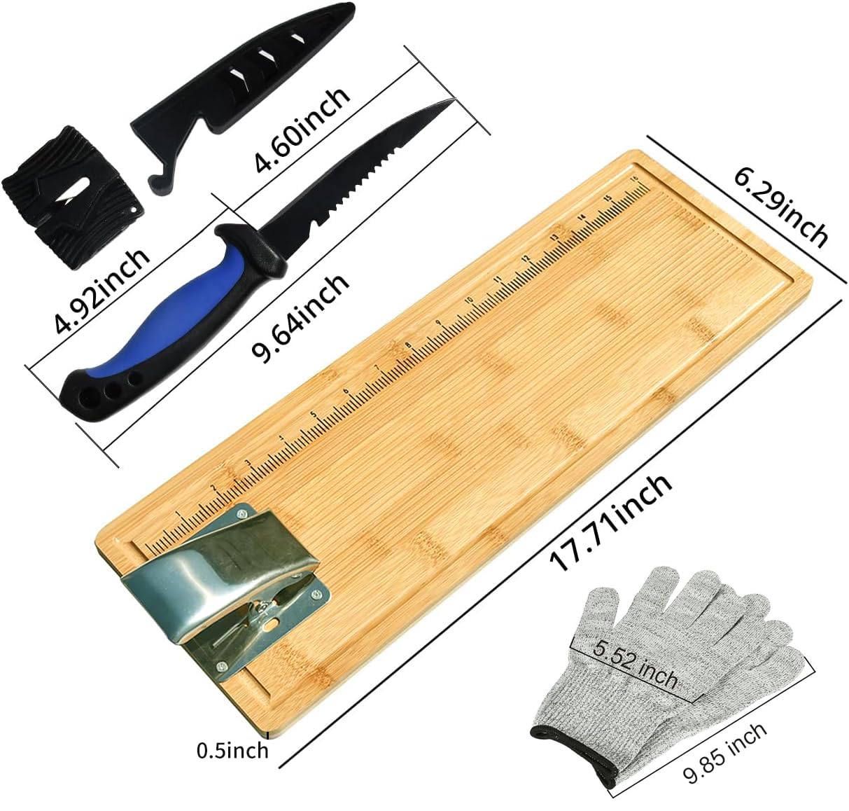 MAVOTER 18" Bamboo Fish Cutting Board - Fish Cleaning Board, Fish Measure Board - Anti slip, Including Fish Fillet Knife, Clamp, Sharpener,Gloves