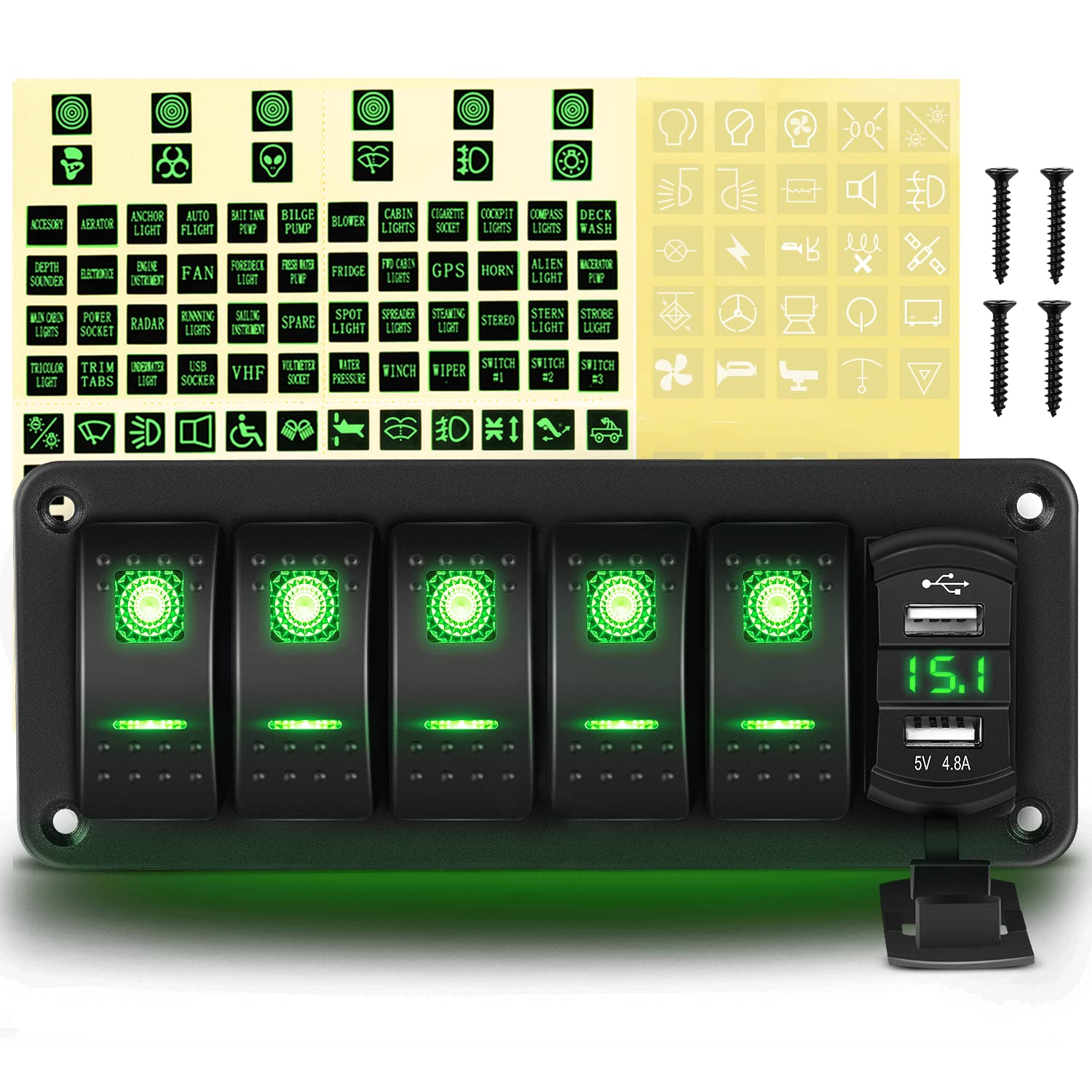 GOOACC 5 Gang Rocker Switch Panel Green Backlit with 4.8 Amp Dual USB Charger Voltmeter Waterproof 12V 24V DC Rocker Switch with Night Glow Stickers for Car Trucks Boats RVs,2 Years Warranty