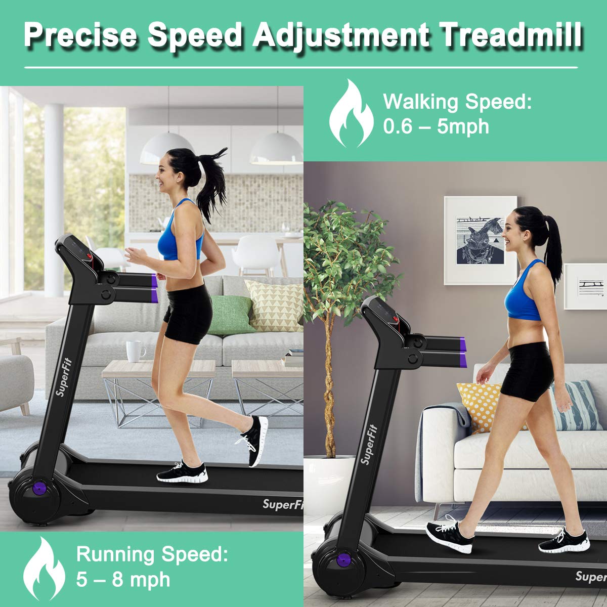 SPORFIT 3.0HP Motorized Folding Treadmill, Portable Treadmills with HD Digital Display, Blue Tooth Speaker & APP Control, Small Running Machine for Home Office, Installation-Free, Purple