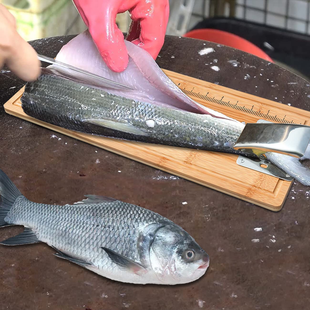 MAVOTER 18" Bamboo Fish Cutting Board - Fish Cleaning Board, Fish Measure Board - Anti slip, Including Fish Fillet Knife, Clamp, Sharpener,Gloves