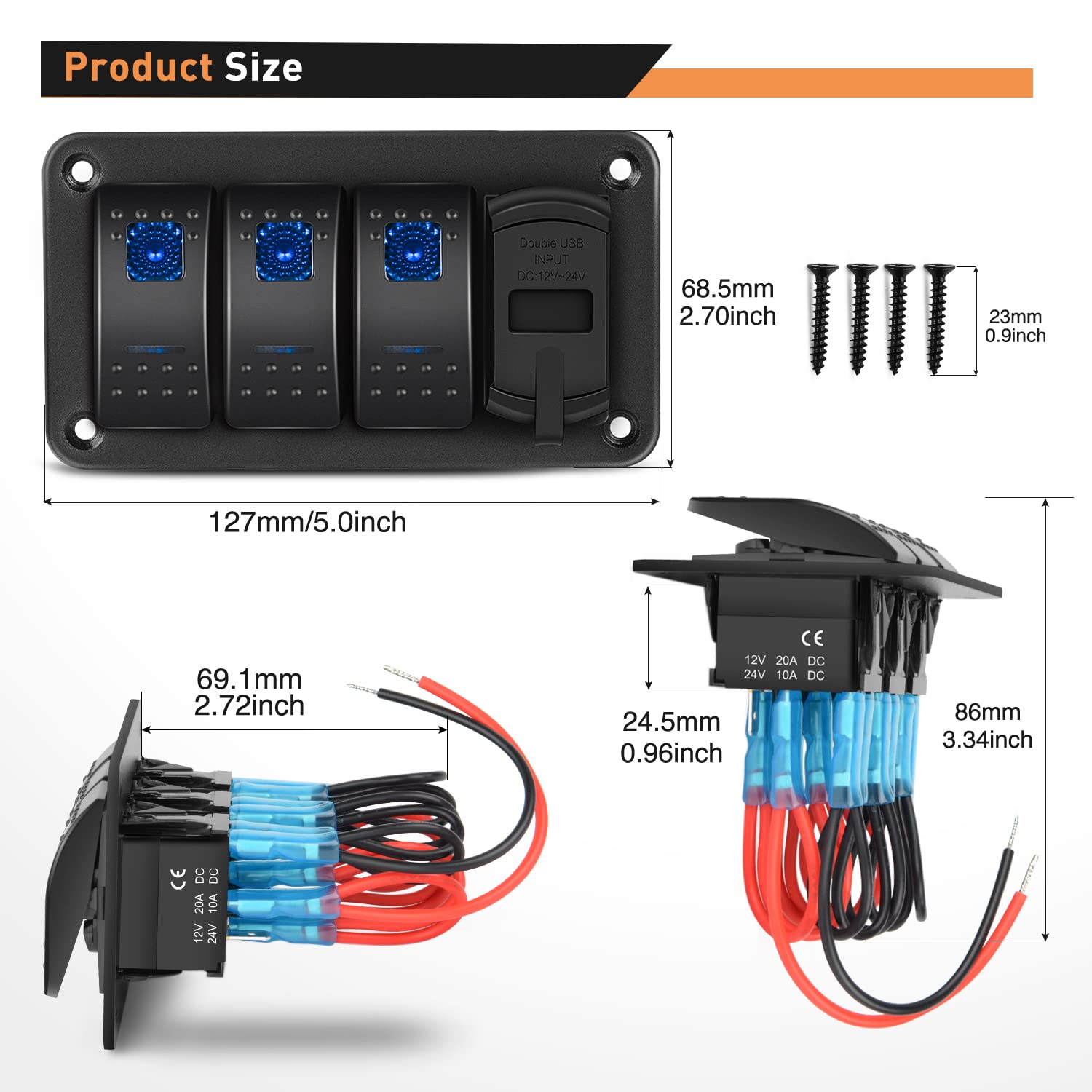 GOOACC 3 Gang Rocker Switch Panel Blue Backlit with 4.8 Amp Dual USB Charger Voltmeter Waterproof 12V 24V DC Rocker Switch with Night Glow Stickers for Car Trucks Boats RVs,2 Years Warranty