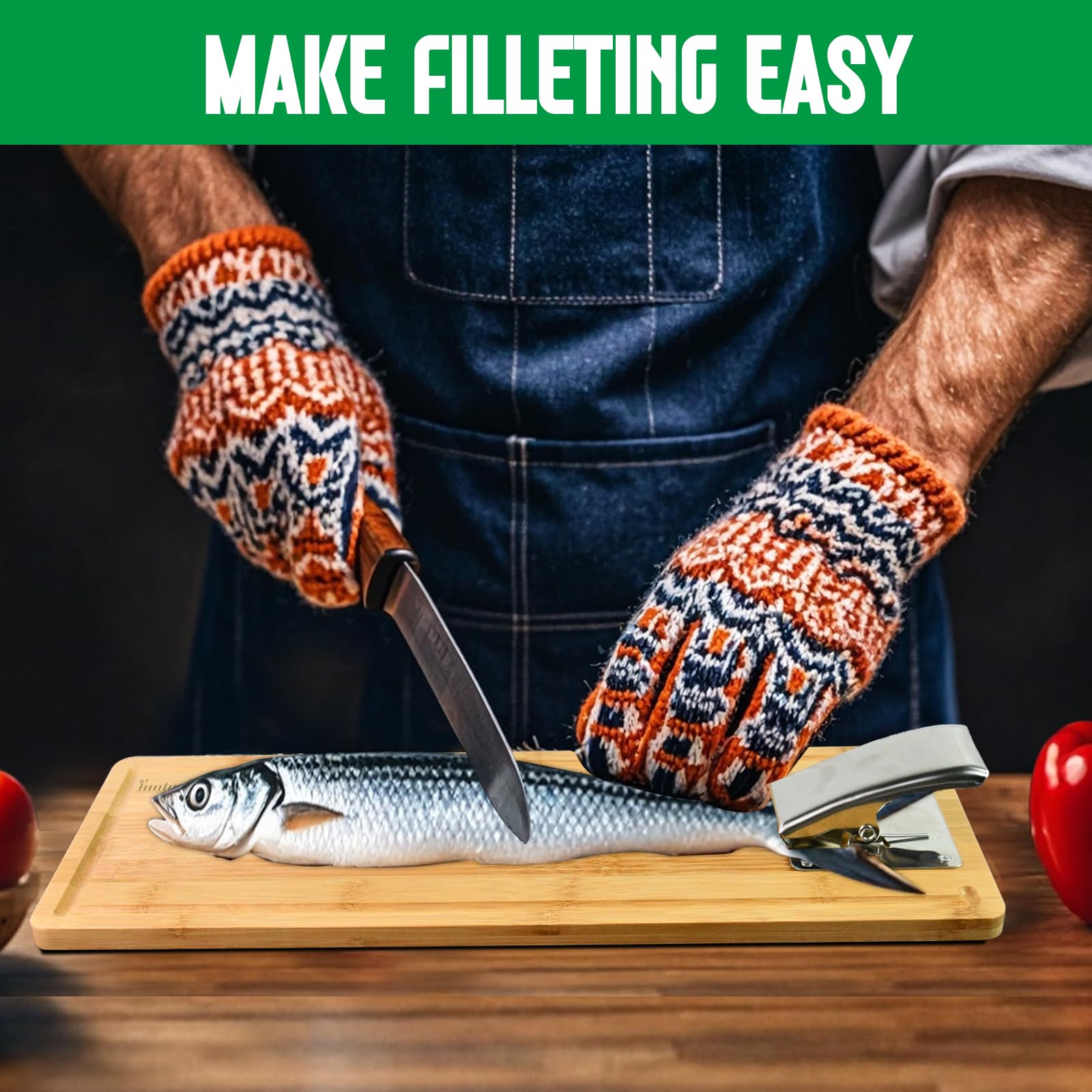 MAVOTER 18" Bamboo Fish Cutting Board - Fish Cleaning Board, Fish Measure Board - Anti slip, Including Fish Fillet Knife, Clamp, Sharpener,Gloves