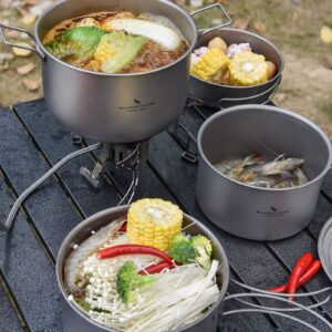 Boundless Voyage Titanium Pot Portable Camping Cookware Lightweight Cooking Pot Set for Outdoor Cooking Traveling Backpacking Hiking Trekking Picnic (3 Pcs Set)