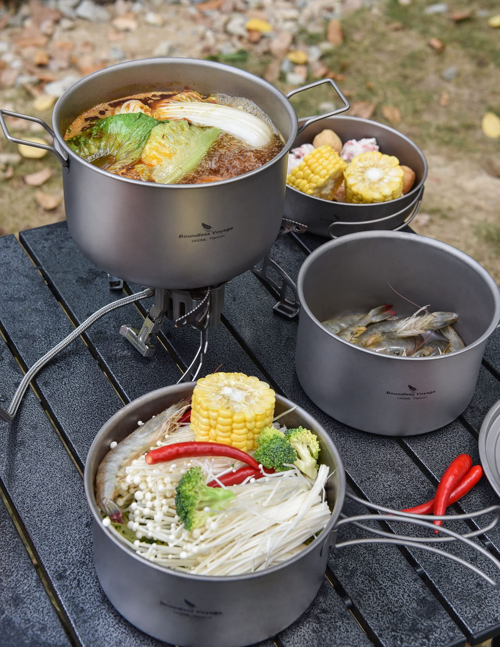 Boundless Voyage Titanium Pot Portable Camping Cookware Lightweight Cooking Pot Set for Outdoor Cooking Traveling Backpacking Hiking Trekking Picnic (3 Pcs Set)