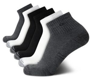 calvin klein men's quarter socks - 6 pack soft cushioned athletic ankle socks for men - breathable men's sports socks, size 7-12, black/white/grey