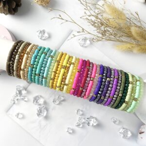 JEWPARK 36Pcs Bohemian Multi-Layer Beaded Stacking Statement Bracelets Versatile Strand Stretch Sparkly Crystal Beads & Heishi Wrap Slip-on Cuff Bangle Set for Women